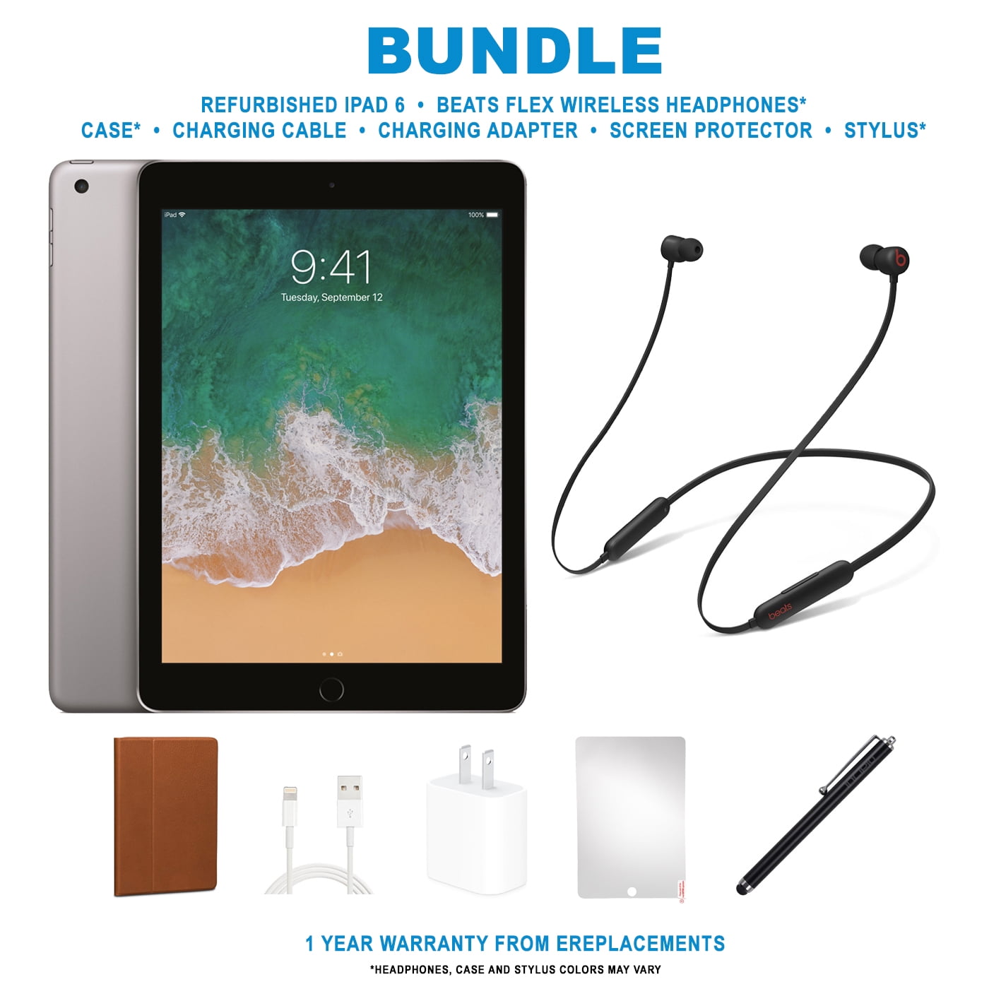 Restored Apple iPad 6 (2018) Bundle, 128GB, Space Gray, Wi-Fi, Beats Flex,  Case, Tempered Glass, Stylus Pen, Charging Accessories (Refurbished)