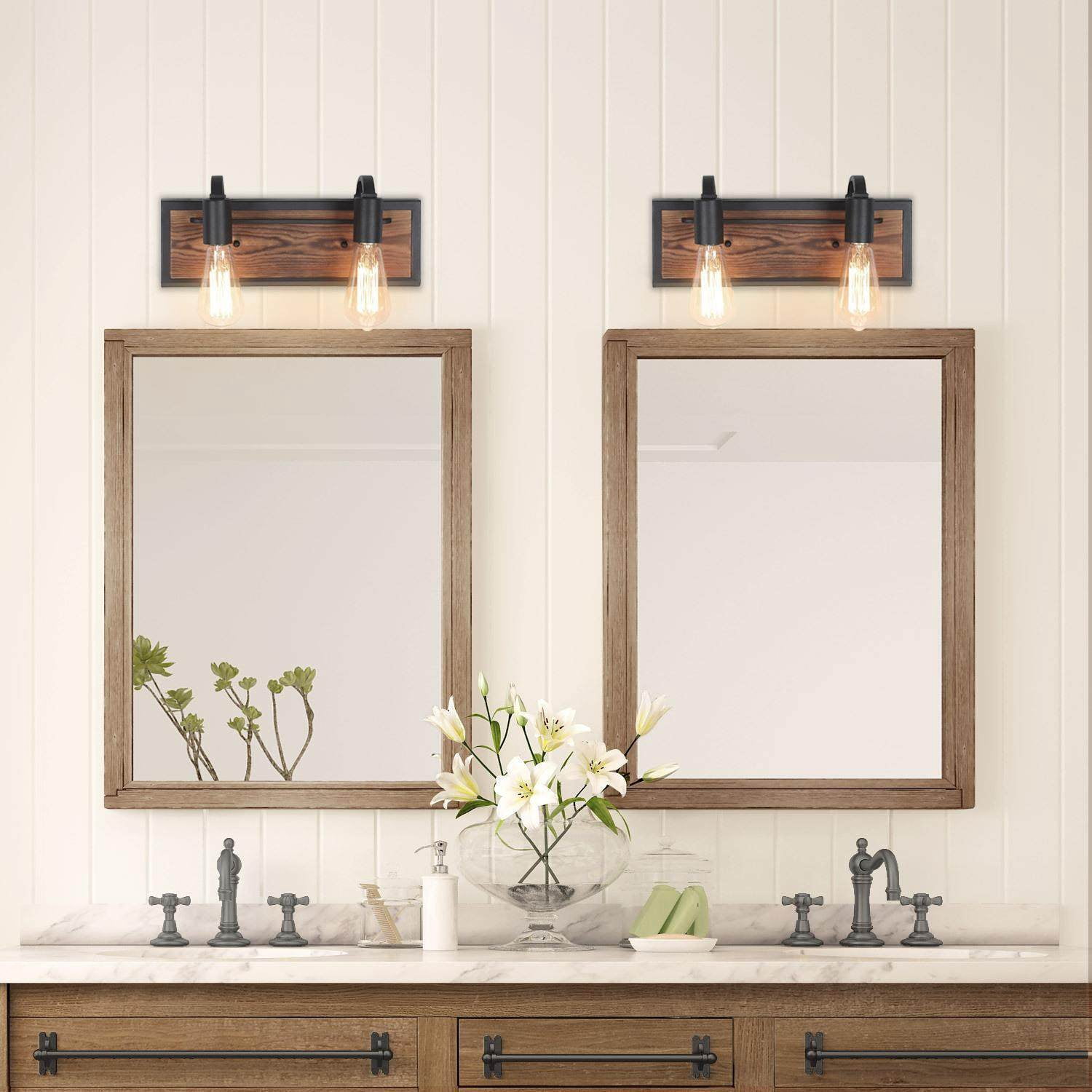 LNC 2-Light Black and Brown Farmhouse Bathroom Vanity Light,14.2"L x 4.3"D x 5.9"H