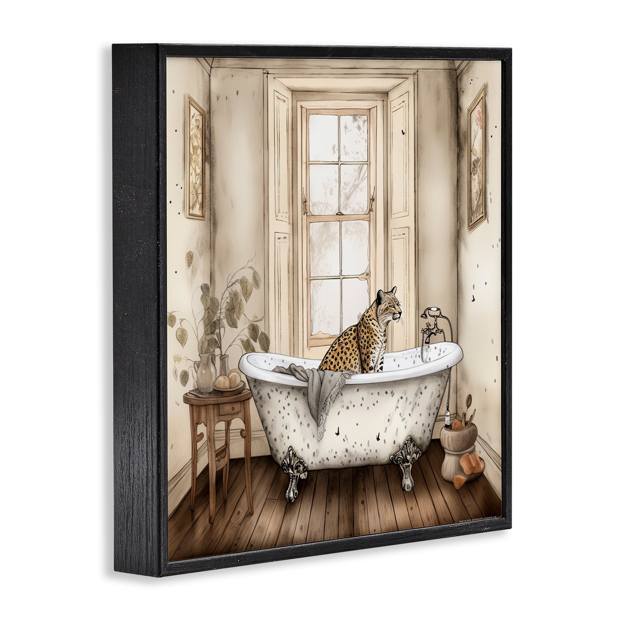 Neutral Leopard Bathtime Black Framed Giclee Art, design by Sasha