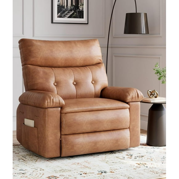 BeesClover Faux Leather Manual Recliner, Lounge Chair with Padded Armrests, Metal Base, Nursery Reclining Sofa Chair for Adults, Single Sofa Seat with Side Pockets for Living Room