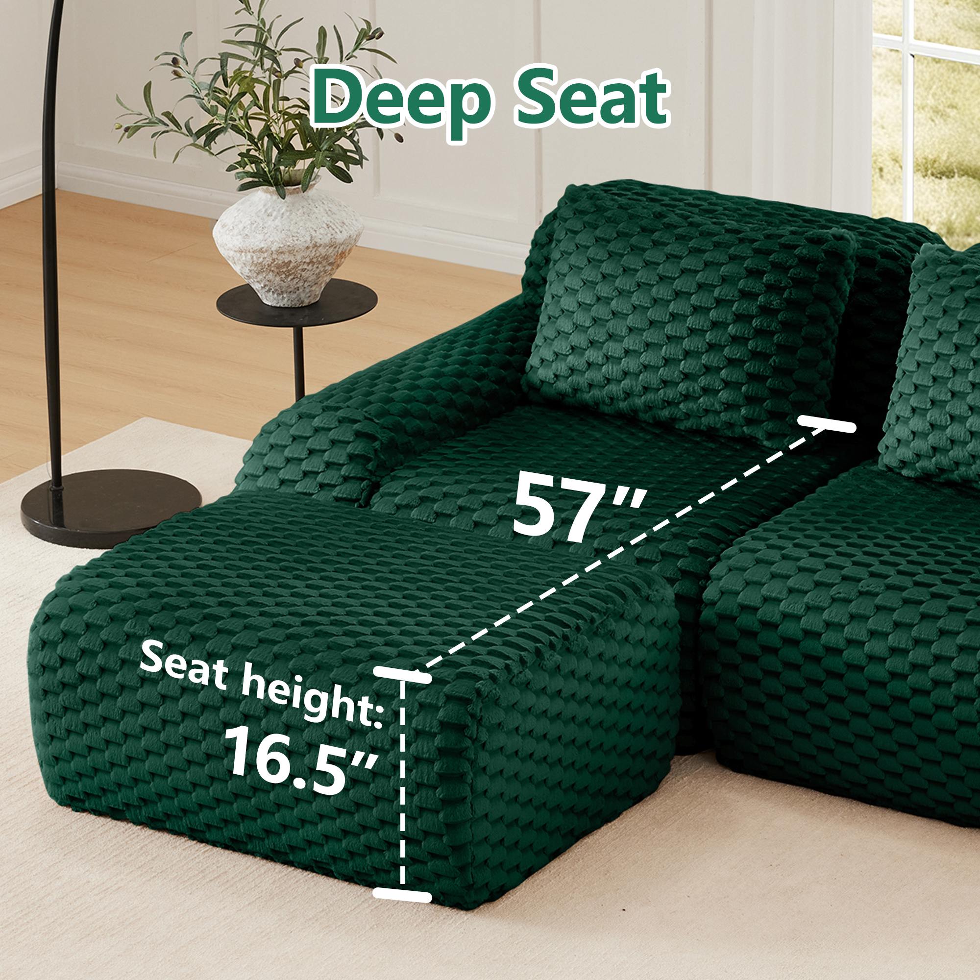 MAYEERTY 114" Modern U-Shaped Sofa, Textured Flannelette, Movable Ottoman, Cloud Comfort, No Assembly, Green