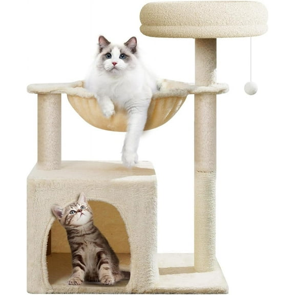 Cat Tree for Small Cats, 28in High Multi-Level Climbing Activity Plush Cat Tower House Condo with Hammocks, Sisal Scratching Post, Fun Toys, Perches for Small Cat, Indoor Kitten -Beige