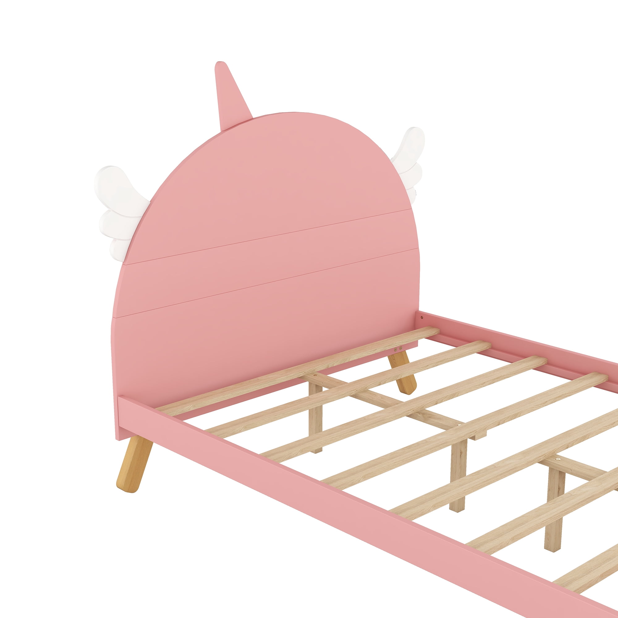 Aukfa Platform Bed with Unicorn Horn Headboard for Kids, Wood Full Size Bed Frame - Pink