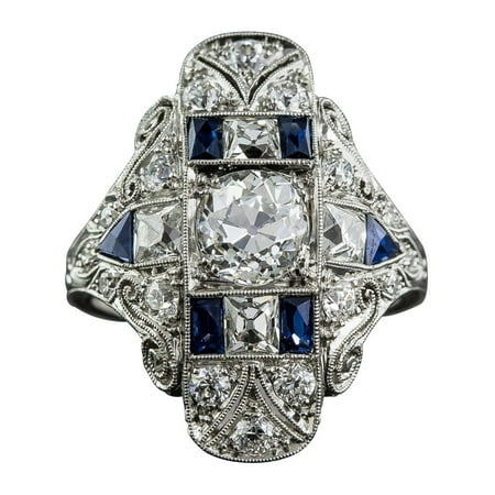 Antique Art Deco 925 Silver White Topaz Blue Sapphire Gem Ring Women Wedding Jewelry