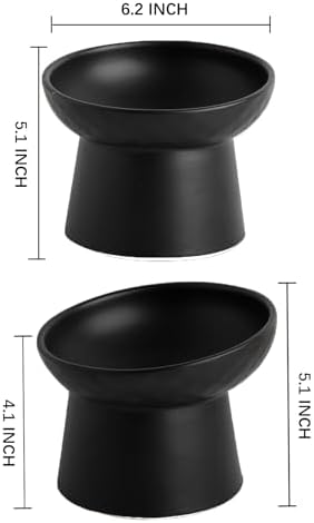 6 inch Small Ceramic Raised Cat Bowls, Tilted Elevated Food or Water Bowls, Stress Free, Backflow Prevention, Dishwasher and Microwave Safe, Lead & Cadmium Free(Black 6 inch-2pc)