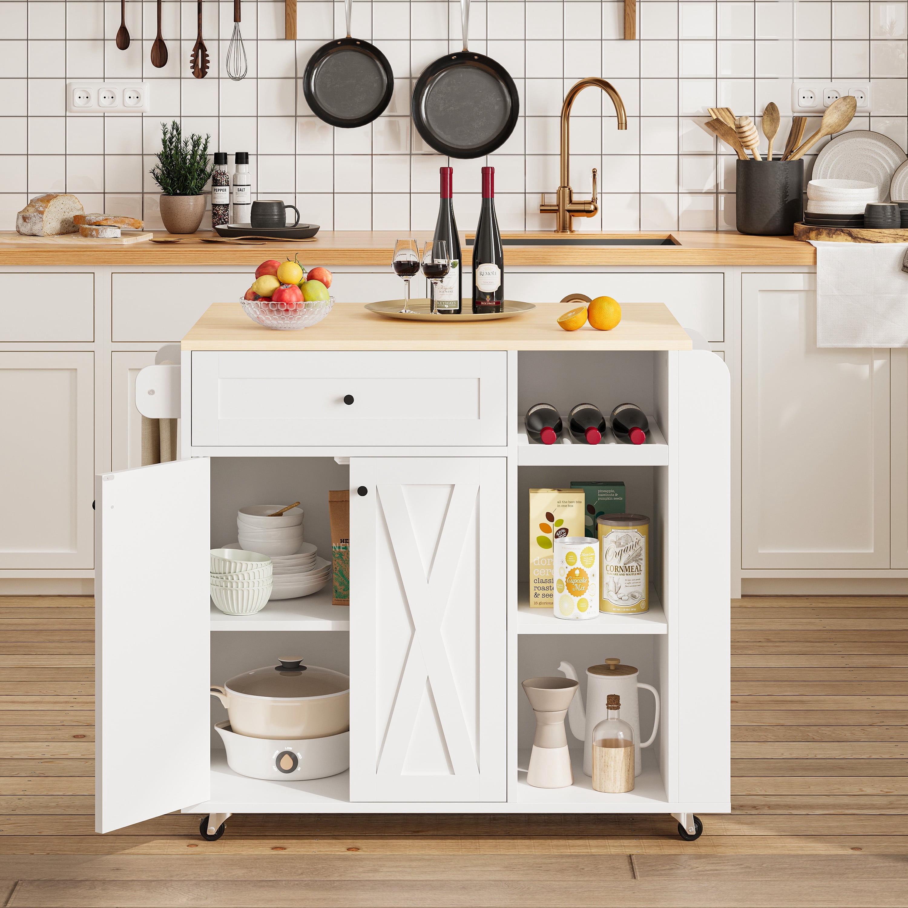 IRONCK Rolling Kitchen Islands Cart on Wheels with wine rack, folding tabletop, 1 drawer, 2 cabinets, 3 open shelves, and towel rack，White