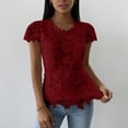 thumbnail image 4 of Lenago Wonens Tops Tops Women Tops Wimens Tops Ladies' Casual And Fashionable Round Neck Lace Petal Short Sleeved Top Wine XXL, 4 of 6