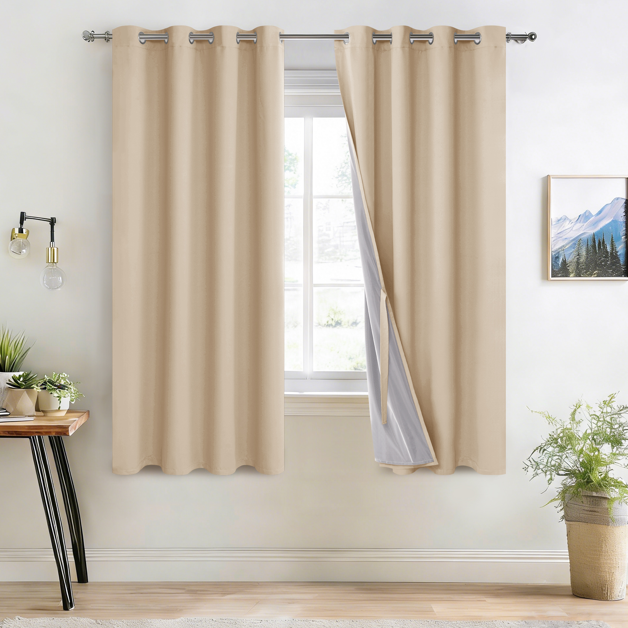 XWZO Beige Total Black out Curtains 72 inches Long for Bedroom, Grommet Room Darkening Drapes with Tiebacks for Samll Window(Biscotti Beige,52"W x 72"L,2 Panels)