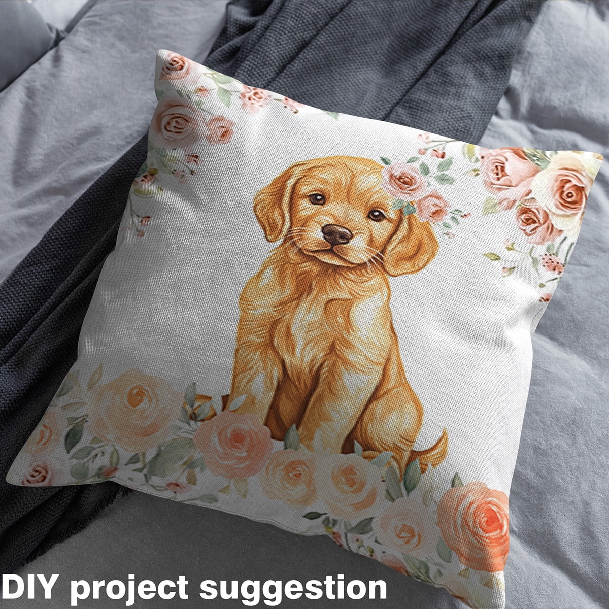 Feelyou Cartoon Dog Fabric by the Yard 10 Yards for Kids, Kawaii Animal Home Decor Fabric by the Yard, Pink Rose Floral Sewing Fabric, Ultra Soft Home Decor