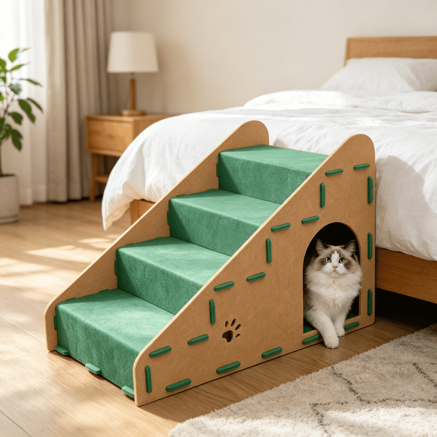 4‑Step Pet Steps for Small Cats, Stable Non‑Slip Pet Ramp Stairs, Portable Cat Steps for Couch, Bed, Car, Ideal for Puppies, Senior & Injured Small Pets, Green 60*30*38cm