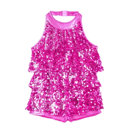 ZDHoor Girls Shiny Sequins Ballerina Unitard Leotard Halter Modern Latin Dance Costume Rose 16