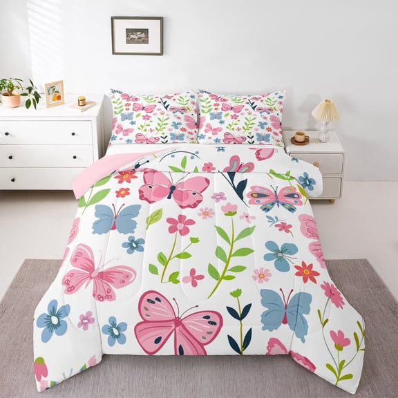 jejeloiu Colorful Cute Flower Queen Comforter Set,Chic Kawaii Butterfly Bedding Sets,Plant Floral Leaves Bedding Comforter Set For Girls Kids,Microfiber Room Decoration Reversible,3-Piece