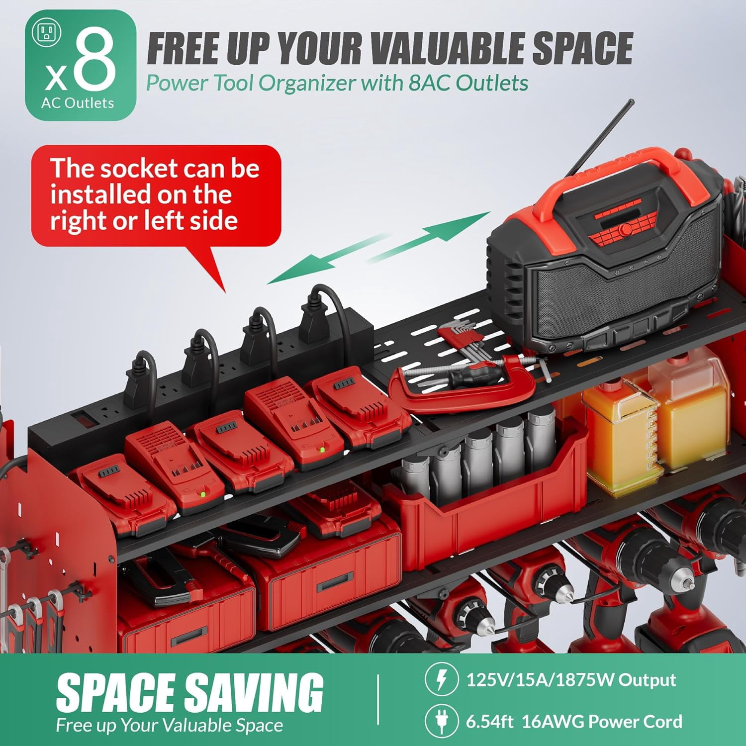 Suchtale Power Tool Organizer with Charging Station,33.2''Garage 8 Drill Holders Wall Mount,3 Layers Heavy Duty Metal Tool Shelf with 8 Outlets Power Strip, Gift for Men, Father, Red