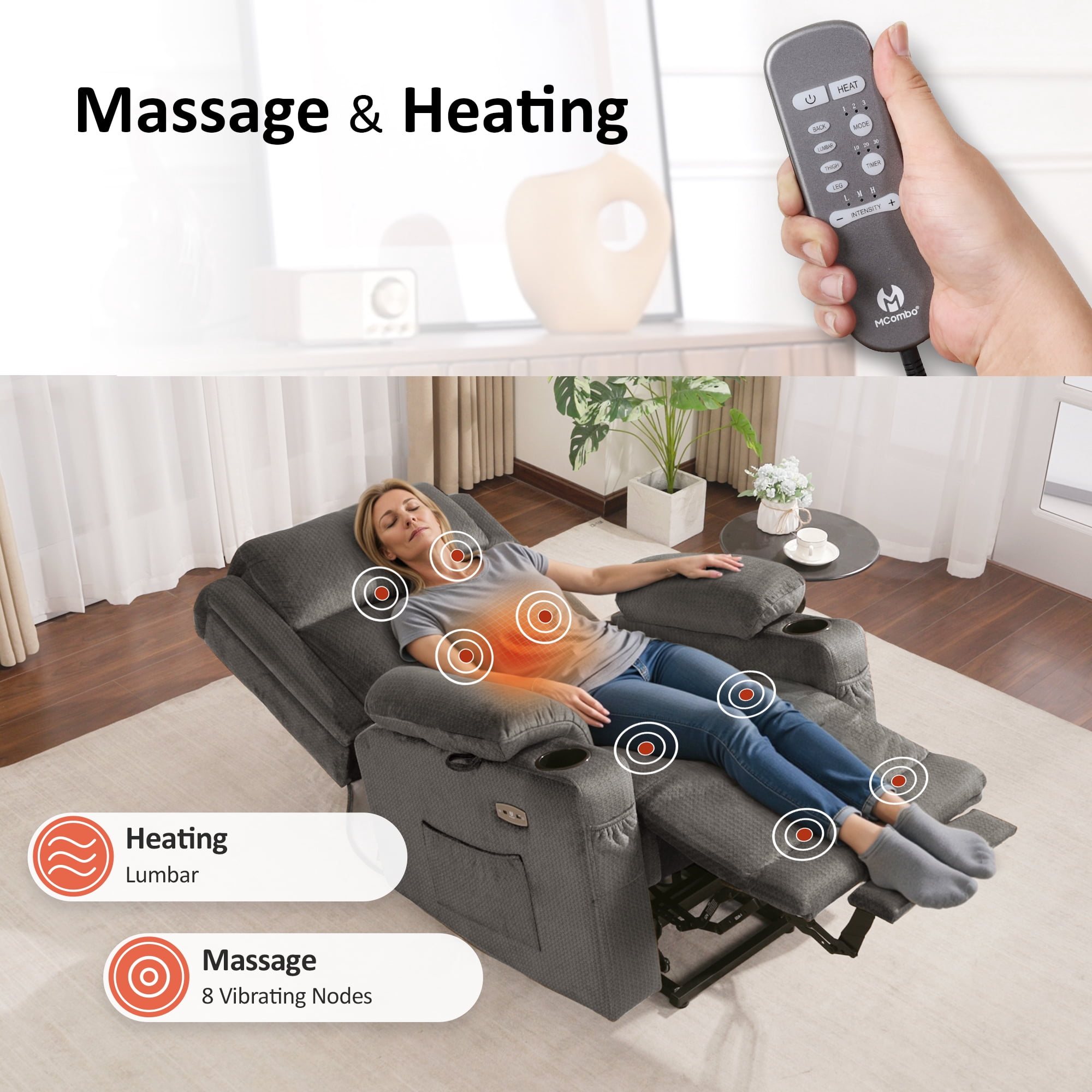 MCombo Triple Motor Power Lift Recliner for Big and Tall, Adjustable Headrest, Fabric(Grey)