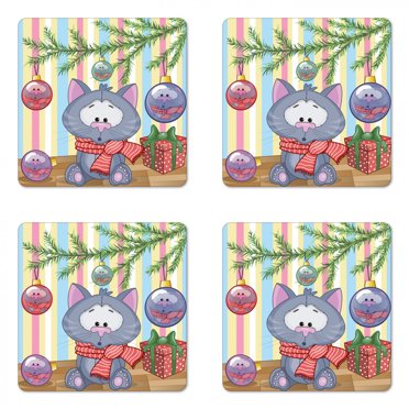 Christmas Coaster Set of 4, Kitten with Scarf Under the Tree with Ball Celebration and Gift Box Cat Themed, Square Hardboard Gloss Coasters, Standard Size, Multicolor, by Ambesonne