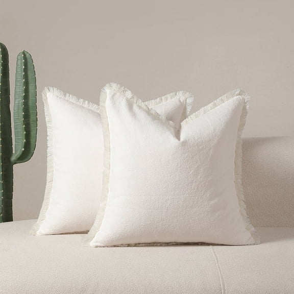 Firefly Hope 2-Pack 45*45cm Boho Farmhouse Linen Fringe Throw Pillows, Washed Cotton Tasseled Soft Accent Cushions for Couch & Bed, White