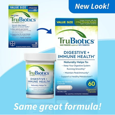 TruBiotics Probiotics for Digestive & Immune Health, Supports Regularity & Helps Relieve Abdominal Discomfort, Gas & Bloating, 2 Clinically Studied Probiotic Strains, Plus Prebiotics, 60 Capsules