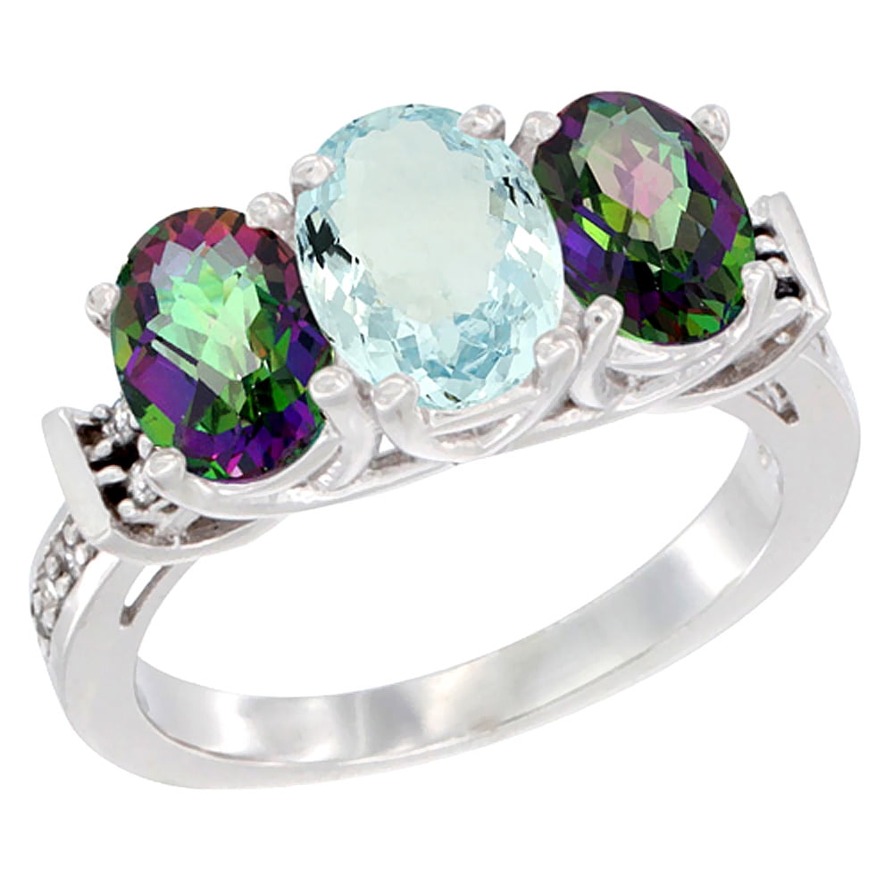 14K White Gold Natural Aquamarine & Mystic Topaz Sides Ring 3-Stone Oval Diamond Accent, sizes 5 10 by WorldJewels