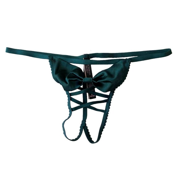 Victoria's Secret Dream Angels Crotchless Satin Bow V-String Panty Dark Green Size Medium NWT