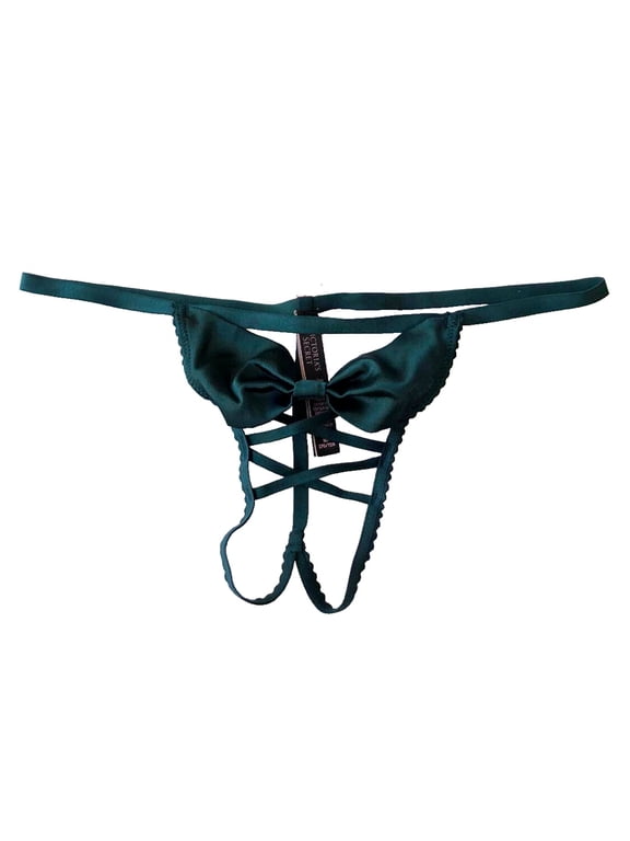Dream Angels Crotchless Satin Bow V-String Panty Dark Green Size Medium NWT
