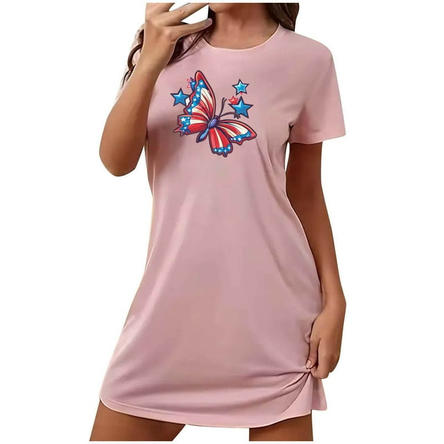 Tnhcen Robe de Nuit d'Été Grande Taille pour Femmes à Manches Courtes – Col Rond Imprimé Mignon devant Polyester Spandex Doux P-2TG pour Maison Confortable/détente
