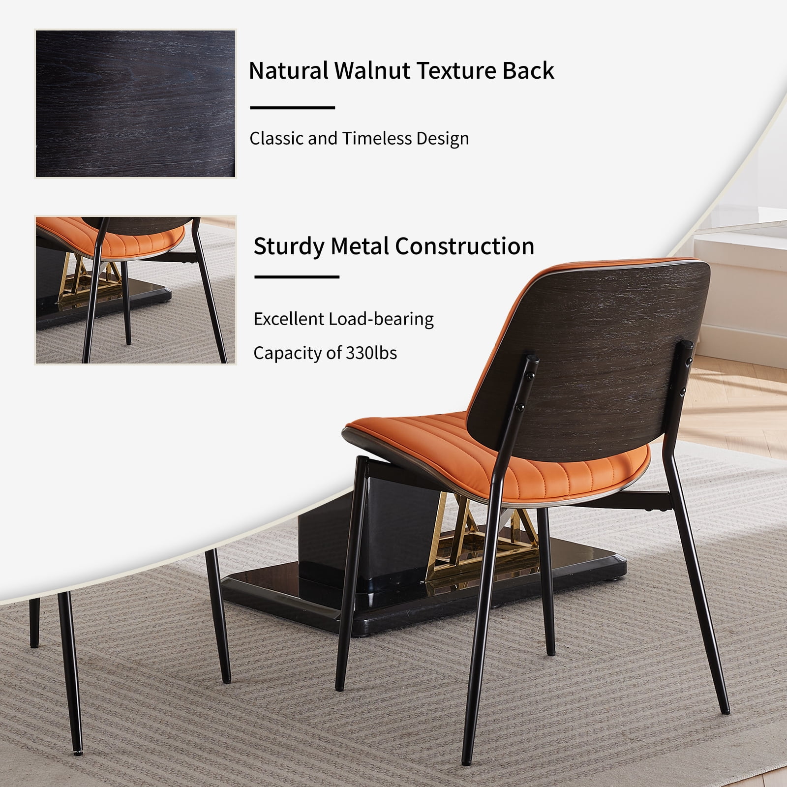 Mid Century Modern Dining Chairs Set of 6, Orange Kitchen & Dining Room Chairs Set of 6, Upholstered PU Leather Kitchen Chairs for Dining Table, Sillas de Comedor, Metal Legs, Walnut Back (Orange)