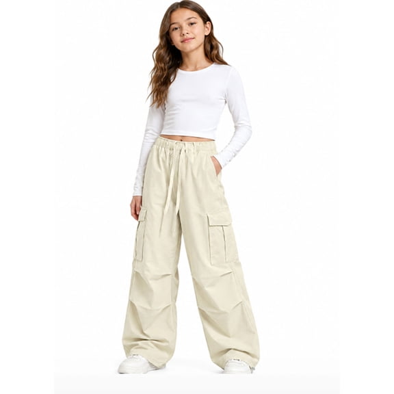 BFHHYA Tween Girls' Wide-Leg Cargo Pants Kid Casual Loose Drawstring Multi Pockets Lightweight Cargo Trousers (5-16 Years)