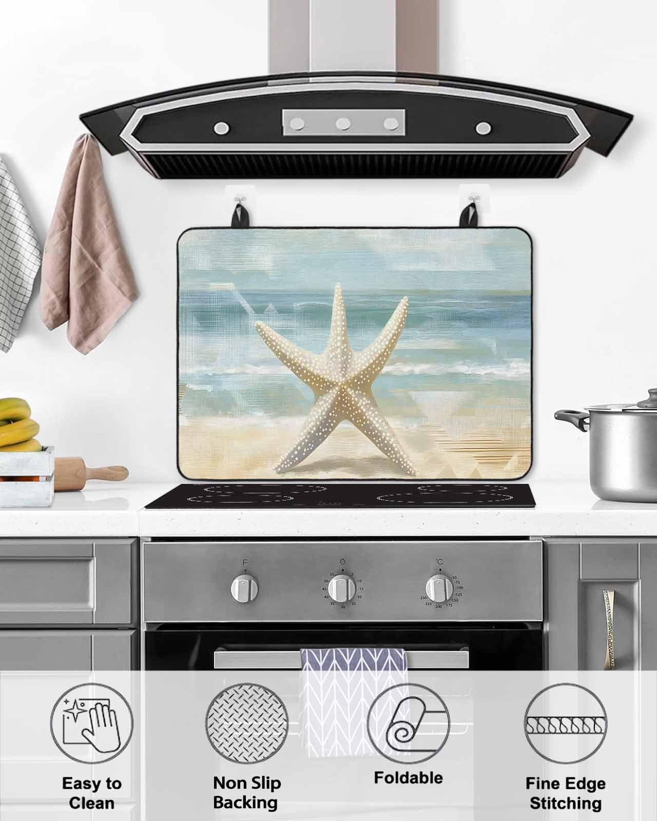 nqOlkjepod Large Induction Cooktop Protector Mat 24"x21", Boho Coastal Beach Stove Top Covers for Electric Stove, Vintage Ocean Wave Starfish Stove Burner Cover Mats, Glass Top Stove Cover