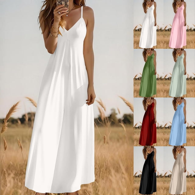 Robes d'Été pour Femmes Zeophrasy Robe d'Été Unie à Col en V avec Bretelles Réglables Cadeau de Fête des Mères pour Femmes Filles