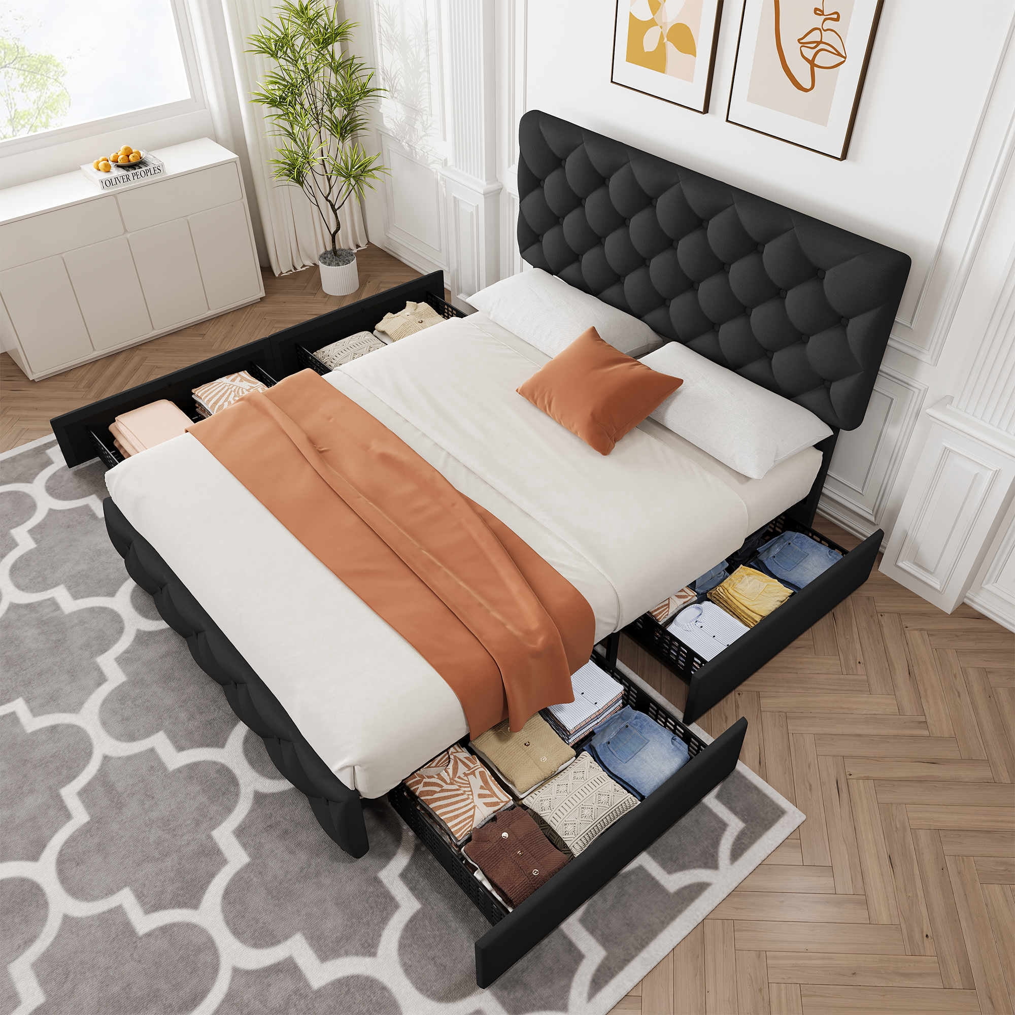 Full/Queen/King Size Bed Frame with 4 Storage Drawers and Headboard, Linen Upholstered Platform Bed Frame, Diamond Stitched Button Tufted, No Box Spring Needed, Easy Assembly