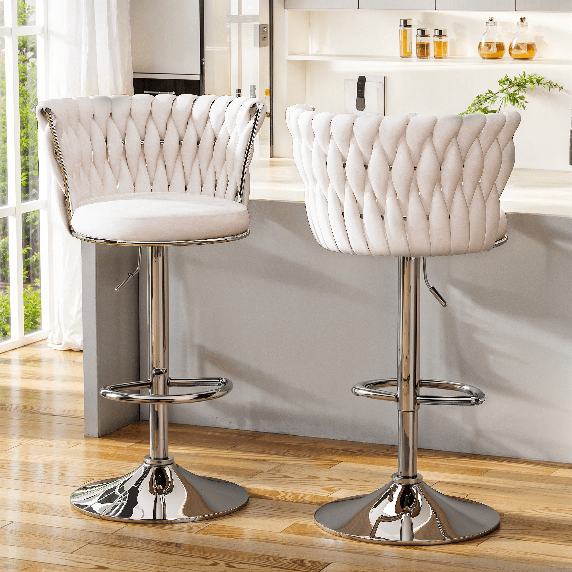 Mieres Velvet Bar Stools Set of 4, Adjustable Height Swivel Pub Chairs with Woven Back, Counter Height Dining Chairs with Footrest, 360° Rotating Kitchen Island Stools for Home & Bar, Beige
