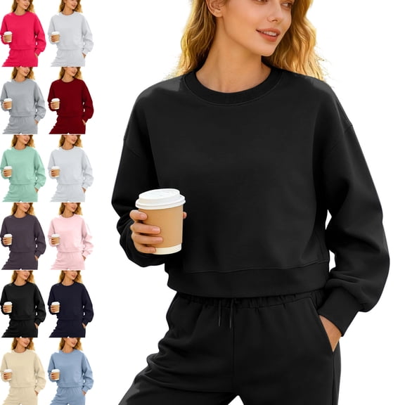 Danhjin Cropped Sweatshirts for Women Solid Color Fashion Crew Neck Pullover Tops Long Sleeve Loose Fall Winter Casual Comfy Soft Shirts