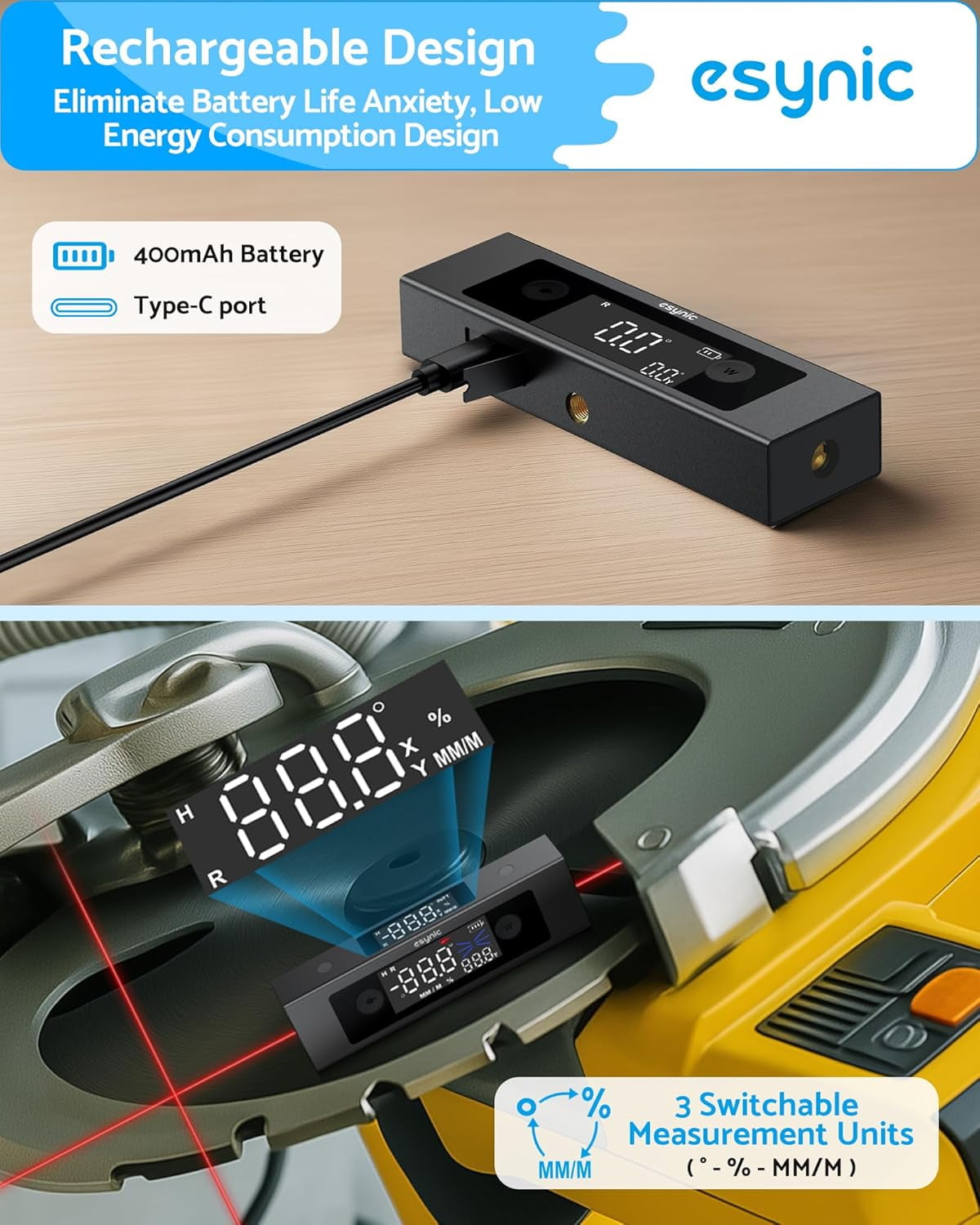 ‌eSynic Digital Angle Finder with Laser Level - Magnetic, Rechargeable, IP54 Waterproof, Dual LCD Display (Class II Laser)