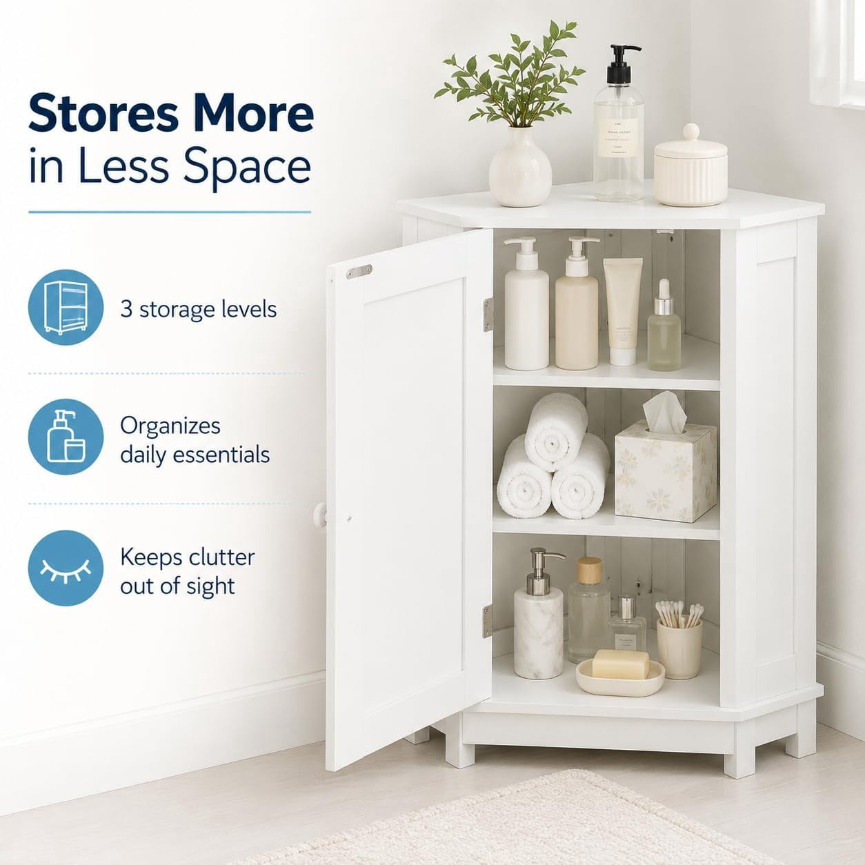 31" Corner Storage Cabinet, Wood Freestanding Triangle Floor Cabinet with Door & Shelves, White