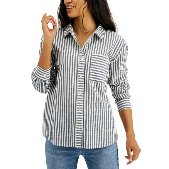 Cotton Striped Boyfriend Shirt Industrial Blue L