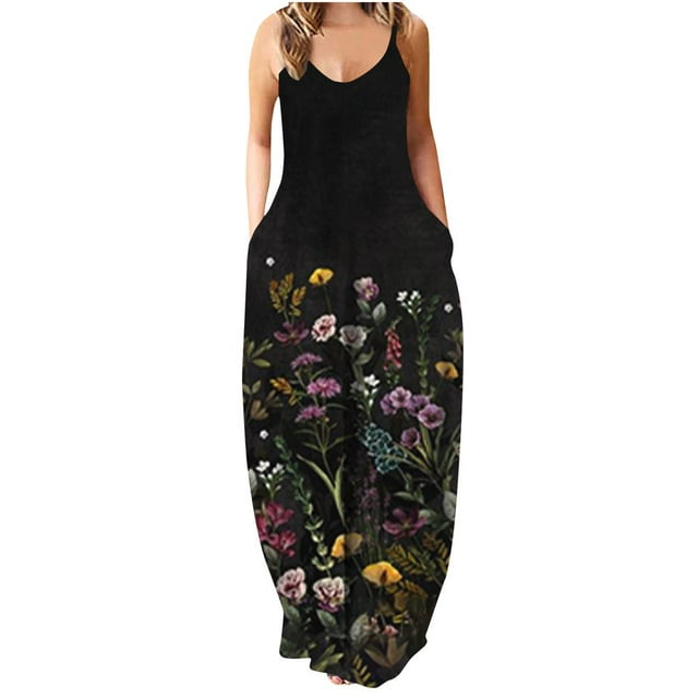 Robe Bohème pour Femmes Sans Manches Grande Taille Longue Maxi avec Poches Été Décontractée Robe de Plage Imprimé Floral