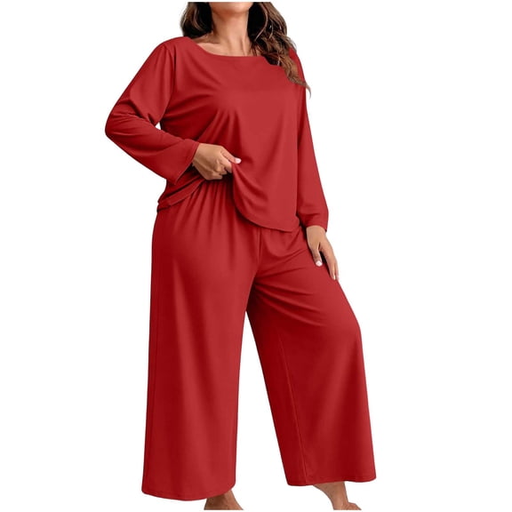 Enjoytime Pajama Sets for Women 2 Piece Crew Neck Long Sleeve Plus Size Pajamas Fall Soft Comfy Casual Solid Color Loose Sleepwear