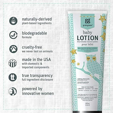 Grab Green 99% Natural Baby Lotion, Plant-Based & Biodegradable, Daily Moisturizer, Calming Chamomile Fragrance—with Essential