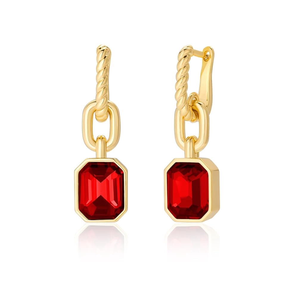18K Gold Plated Twisted Hoop Earrings, Rectangular Crystal Dangle Earrings, Hypoallergenic Copper Jewelry, Multi-Color Fashion Ear Ornaments, Ideal Holiday Gift for Women