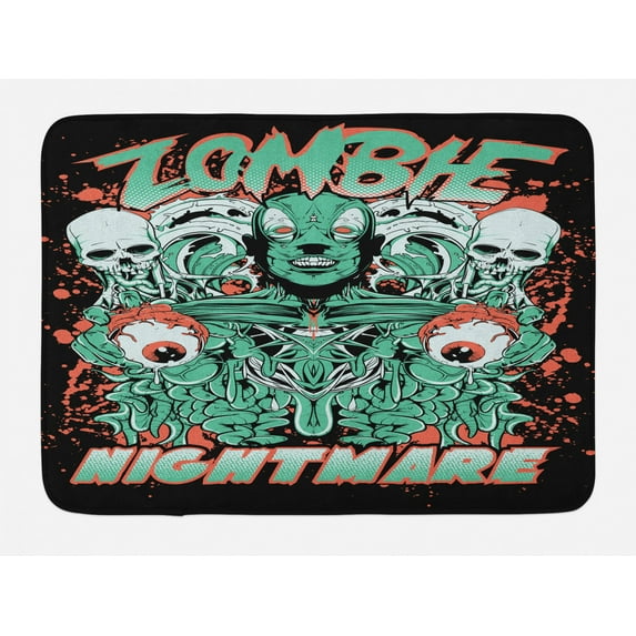 Zombie Bath Mat, Retro Style Nightmare with Skulls Ghost Characters Wild Illustration, Non-Slip Plush Mat Bathroom Kitchen Laundry Room Decor, 29.5 X 17.5 Inches, Jade Green Salmon Black, Ambesonne