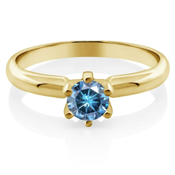 Gem Stone King 18K Yellow Gold Plated Silver Persian Blue Moissanite Engagement Ring for Women | 0.50 Cttw | Round 5MM (Size 7)