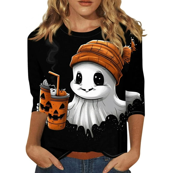 WTOBBY Women's Bat Element Print Round Neck 3/4 Sleeve Casual Top Halloween Themed Blouse for Fall Fashion and Seasonal Holiday Parties,Black L