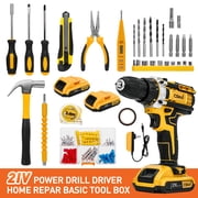 Cshidworld Cordless Drill Tool Kit Set, 21V Power Drill Tool Box with 2x 3000mAh Battery Electric Drill Set Driver for Men Women Home Hand Repair Basic Tool Sets, 95PCS Mechanic Toolbox, Yellow