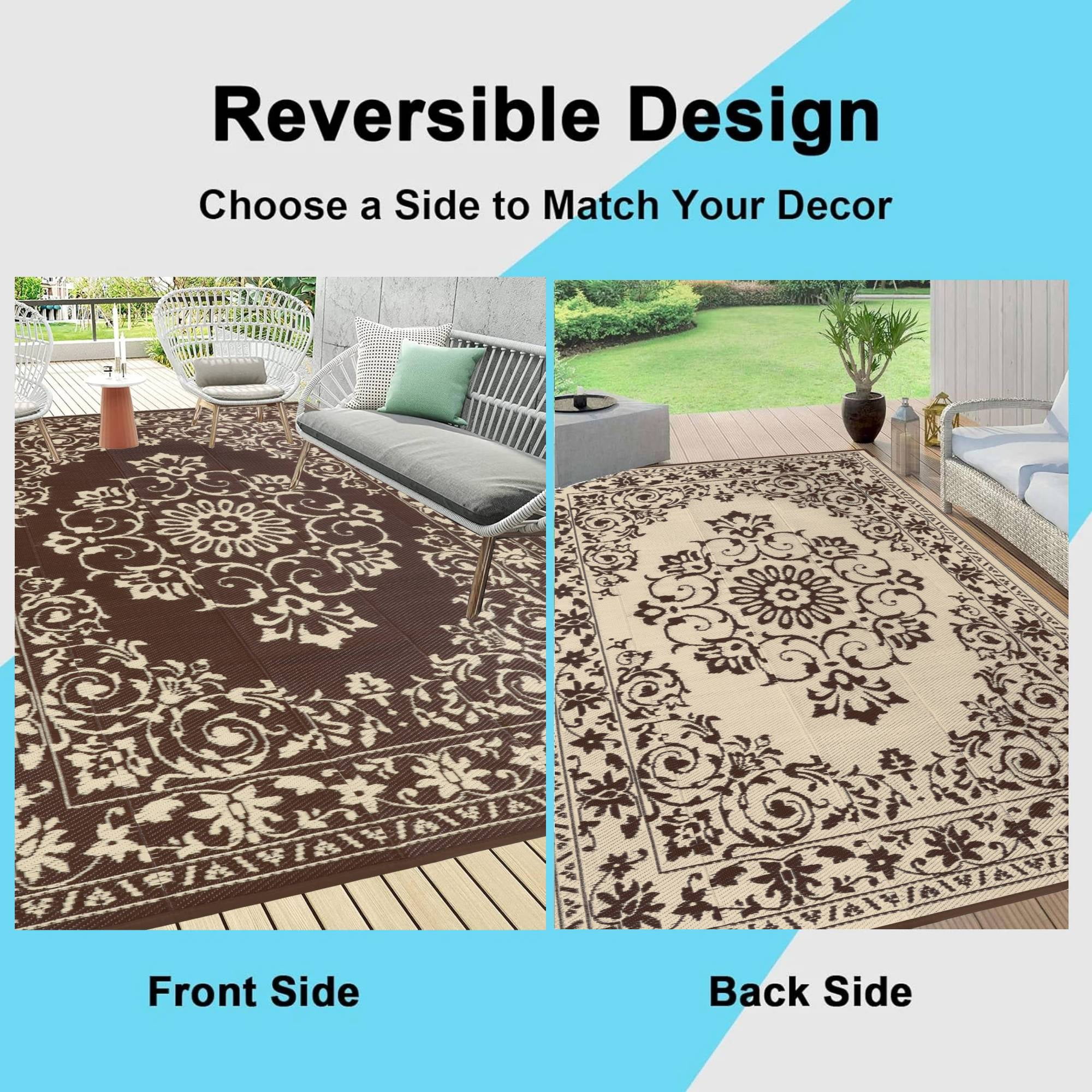 Findosom 8'x10' Boho Mandala Outdoor Rug Patio Rug Large Reversible Plastic Straw Rug RV Outdoor Mat Waterproof Foldable Portable Camping Mat for RV,Patio,Backyard,Deck,Picnic,Beach Brown