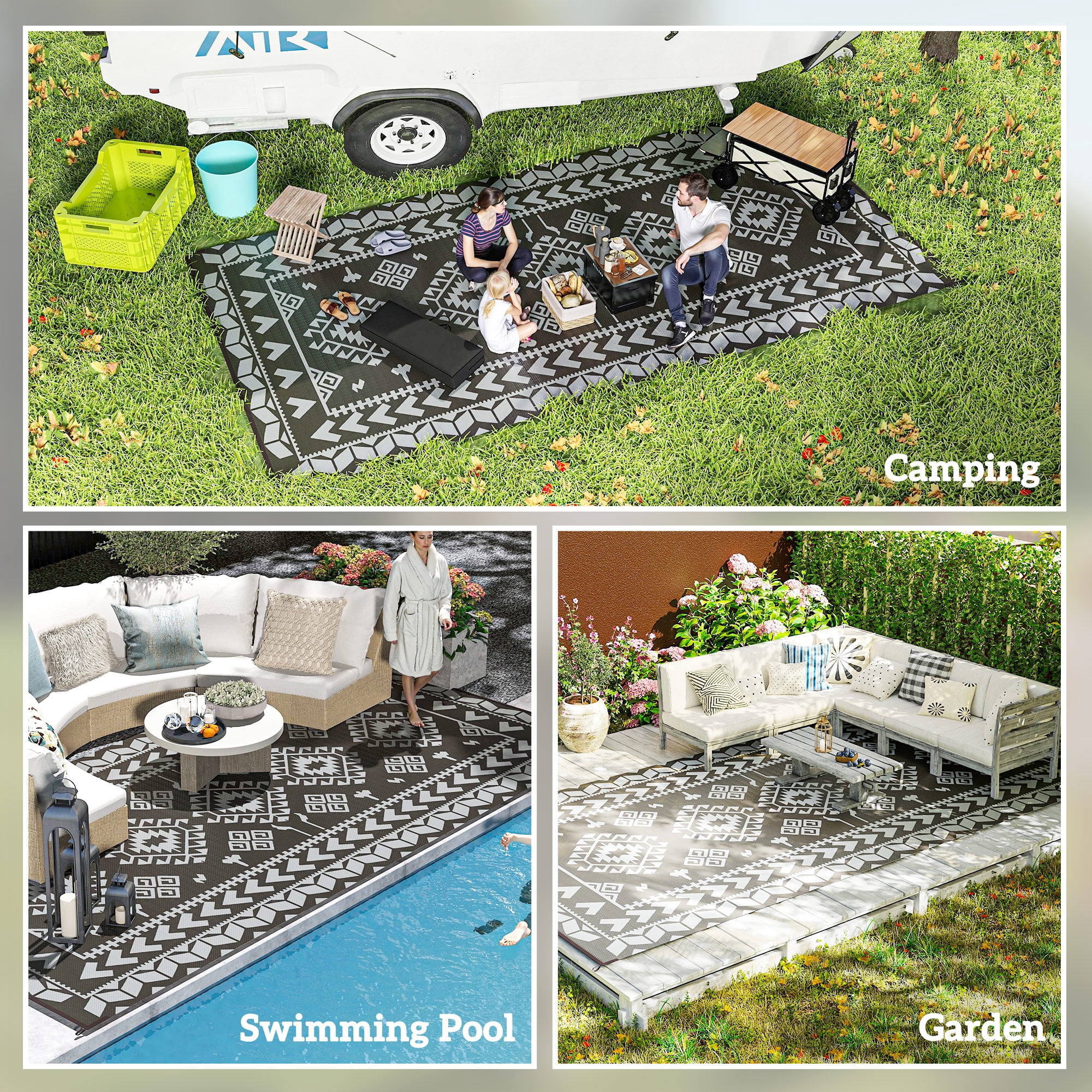 9' x 18' Black & Gray Rhombus Patchwork Reversible Outdoor Patio Rug, Waterproof Portable Camping Mat with Carry Bag, Foldable RV Carpet