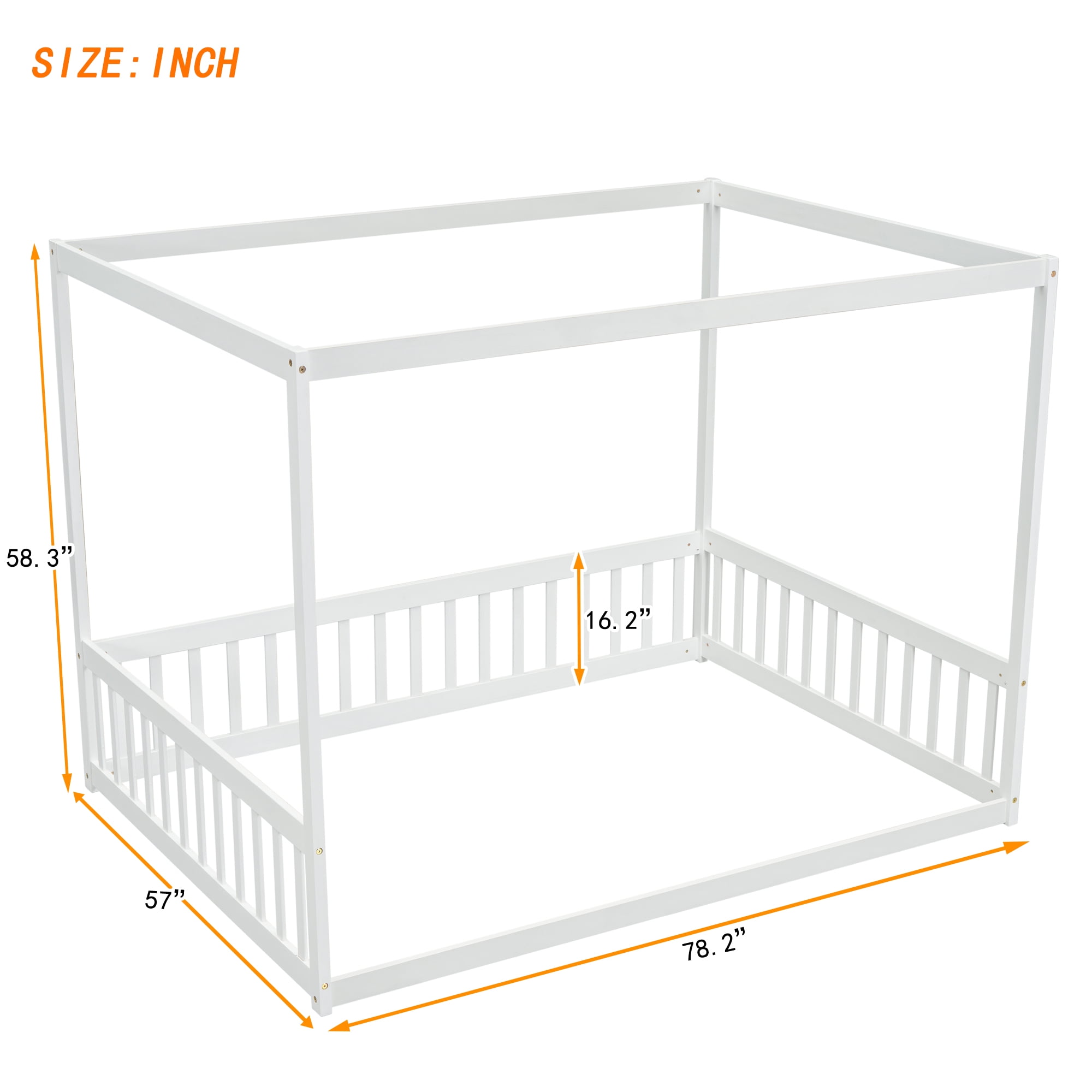 Miniyam Full Size Canopy FloorBed with Guardrails for Kids and Teens, White