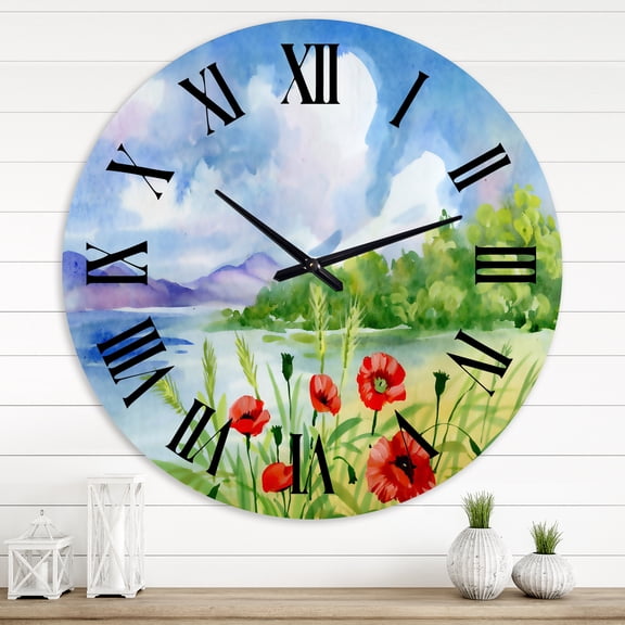 Designart 'Red Tulips On The Bank Near A Mountain River' Lake House Wall Clock