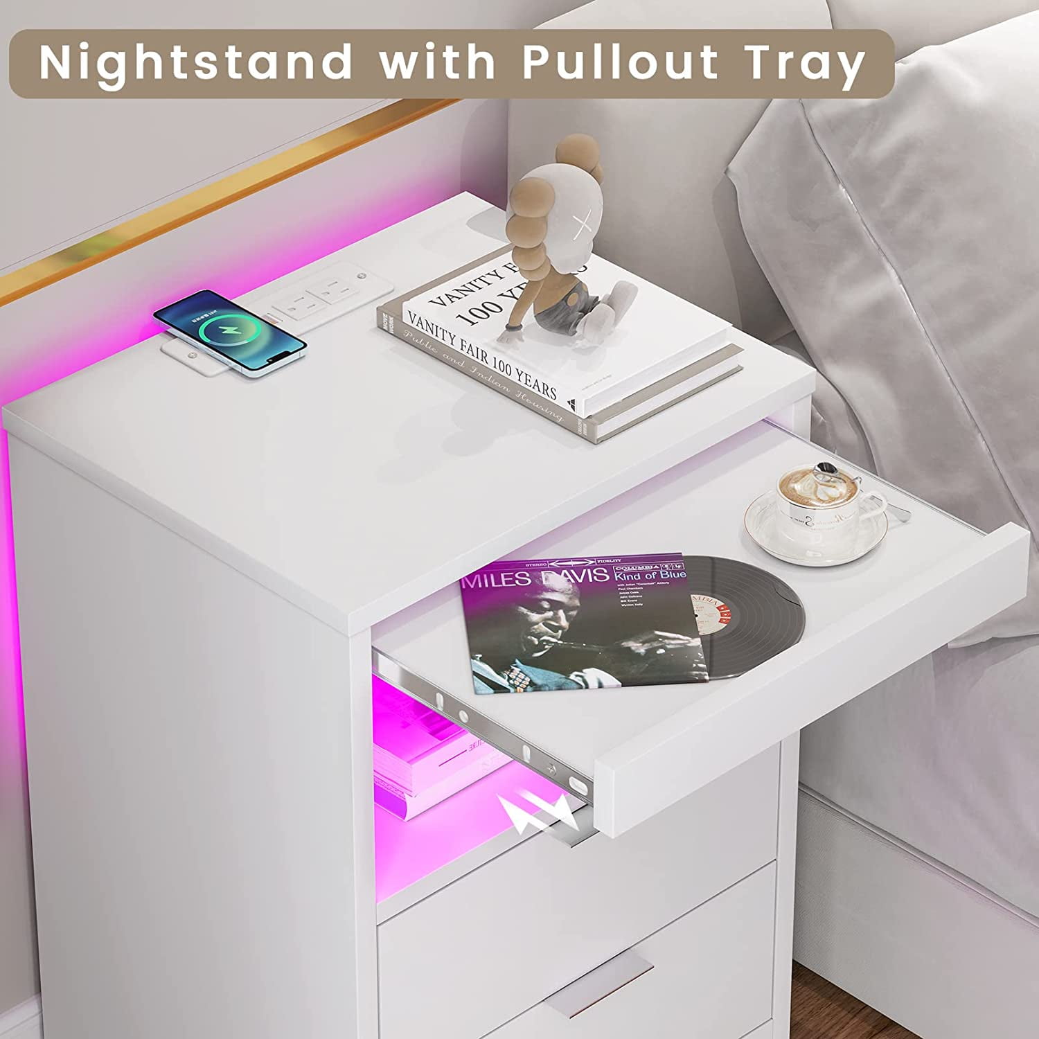 Set of 2 Nightstand with 2 Drawers,Nightstand with Wireless Charging Station and LED Lights, Modern Smart Bedside Table for Living Room Office,White