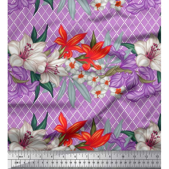 Soimoi Purple Satin Silk Fabric Geometric Check,Lily & Floral Print Fabric by the Yard 42 Inch Wide