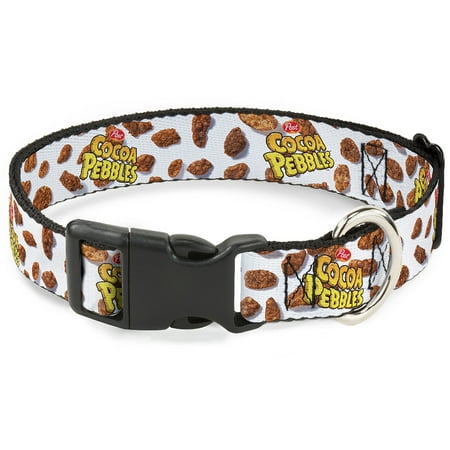 The Flintstones Pet Collar Dog Collar Plastic Buckle Cocoa Pebbles Logo and Cereal Pebbles Scattered White Browns 16 to 23 Inches 1.5 Inch Wide